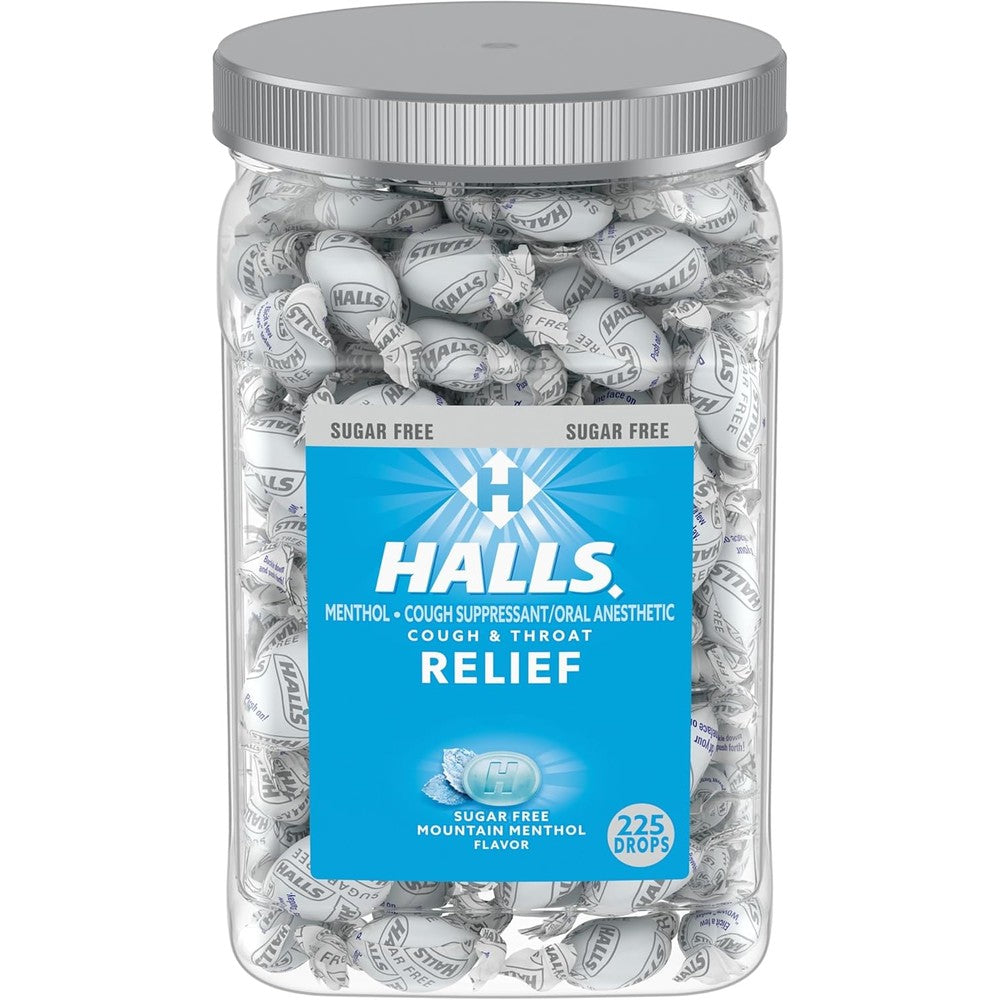Halls Relief Mountain Menthol Sugar Free Cough Drops front view packaging for cold relief