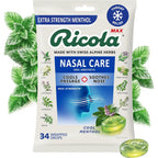 Ricola MAX Nasal Care Cool Menthol Drops front view of the 34 count packaging for congestion relief.