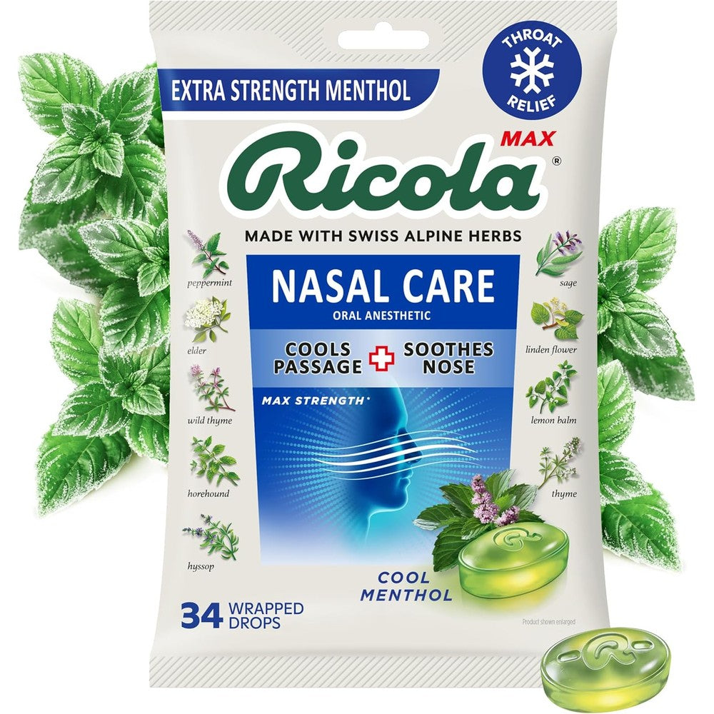 Ricola MAX Nasal Care Cool Menthol Drops front view of the 34 count packaging for congestion relief.