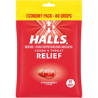 HALLS Relief Strawberry Cough Drops economy pack front view for cough suppressant relief