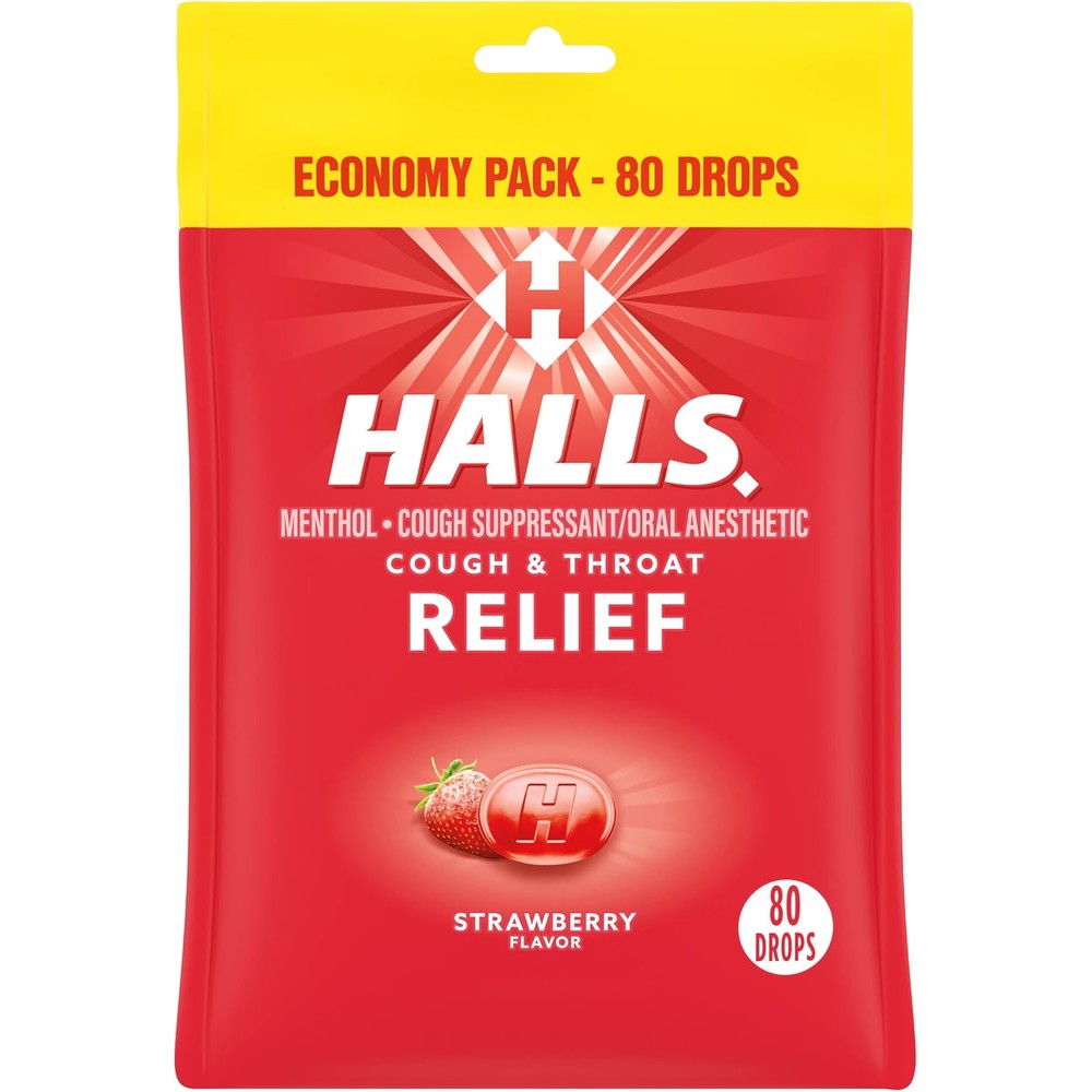 HALLS Relief Strawberry Cough Drops economy pack front view for cough suppressant relief