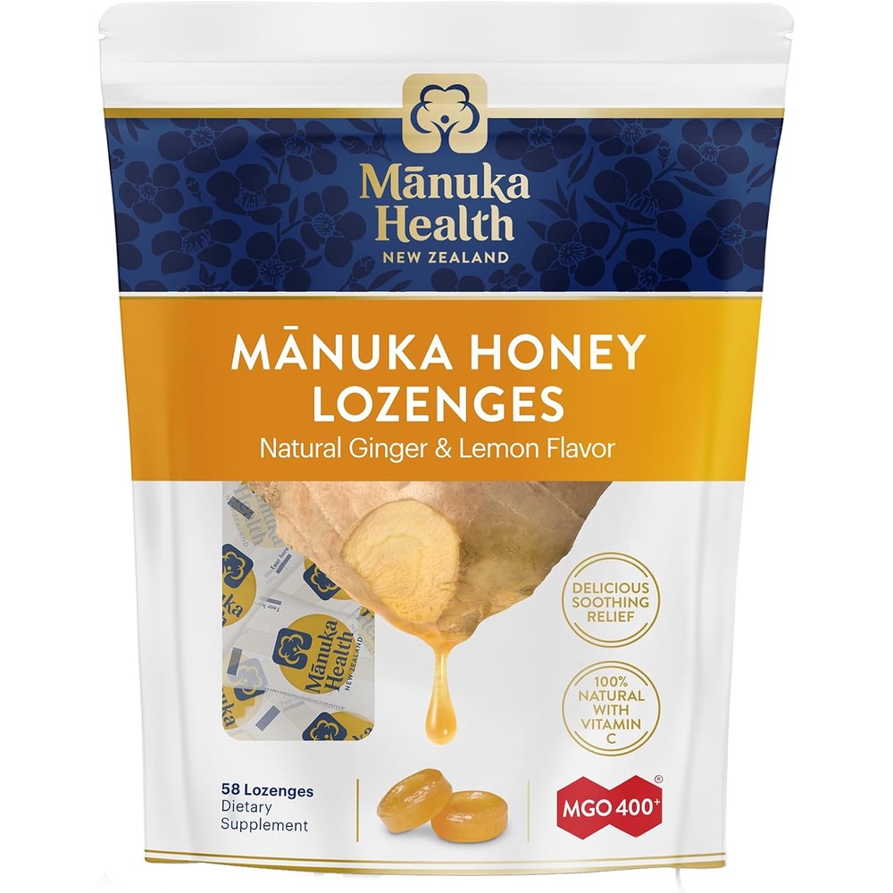 Manuka Health Manuka Honey Cough Drops front view package of 58 lemon and ginger throat lozenges