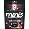 Halls Minis Watermelon Flavor Sugar Free Cough Drops front view package showing two flip top vials