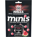 Halls Minis Watermelon Flavor Sugar Free Cough Drops front view package showing two flip top vials