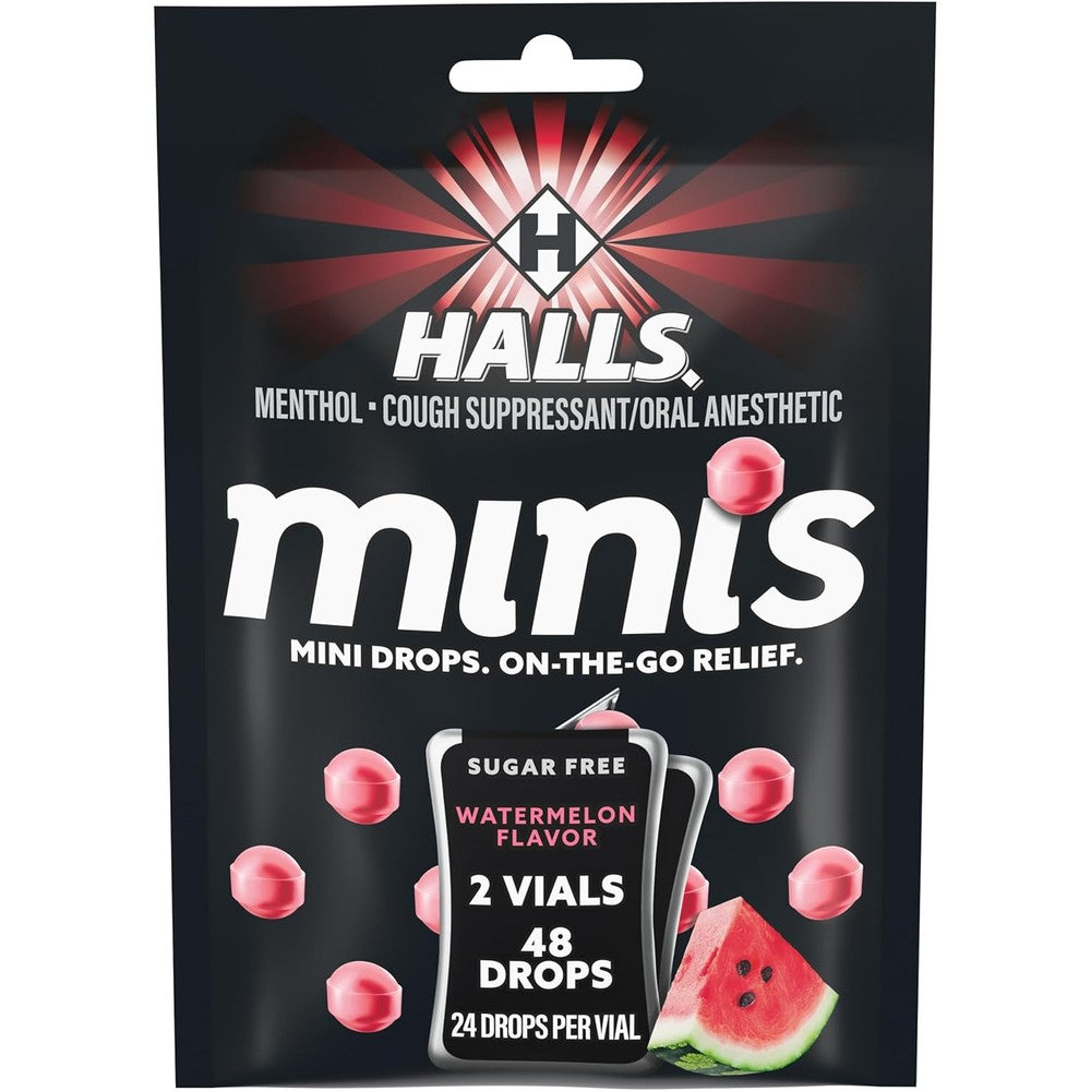 Halls Minis Watermelon Flavor Sugar Free Cough Drops front view package showing two flip top vials