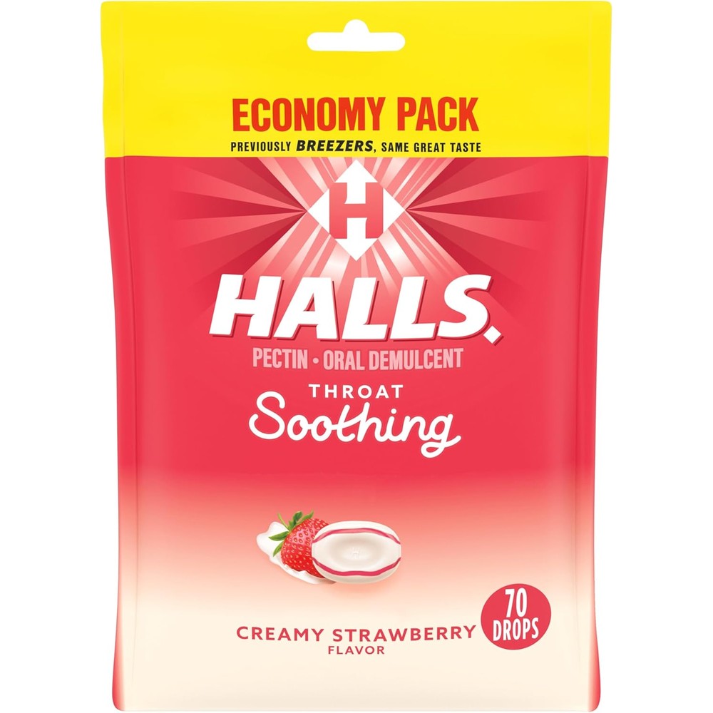 HALLS Throat Soothing Creamy Strawberry Drops economy pack front view