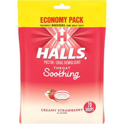HALLS Throat Soothing Creamy Strawberry Drops economy pack front view