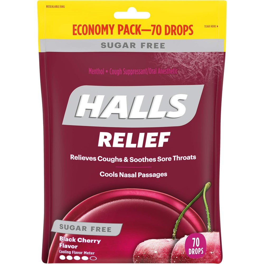 HALLS Relief Sugar Free Black Cherry Cough Drops front packaging view for sore throat relief