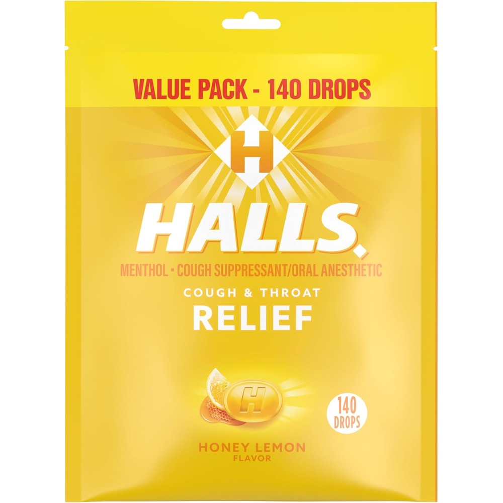 Halls Relief Honey Lemon Cough Drops 140 count value pack front view