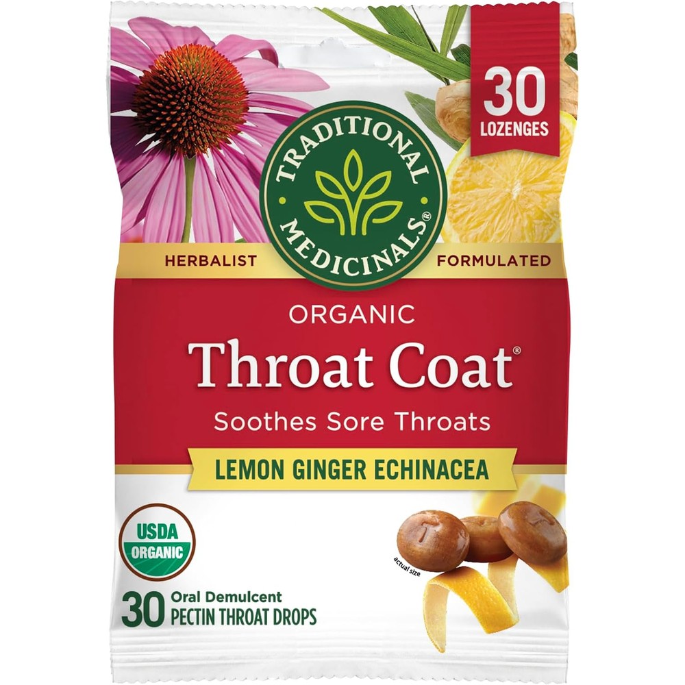 Traditional Medicinals Organic Throat Coat Lemon Ginger Echinacea lozenges front packaging view