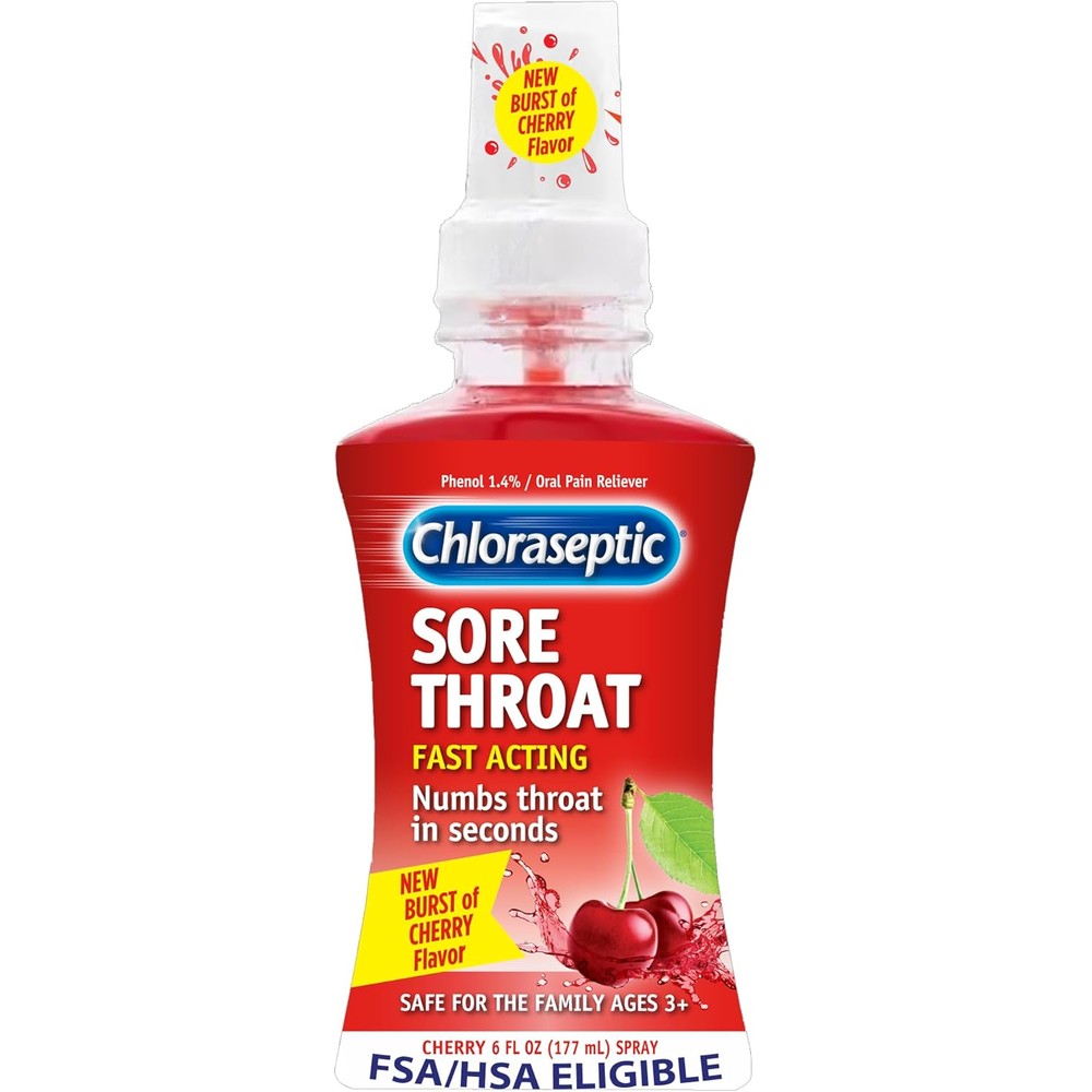 Chloraseptic Sore Throat Spray Cherry Flavor 6 Fluid Ounces front view packaging for fast pain relief