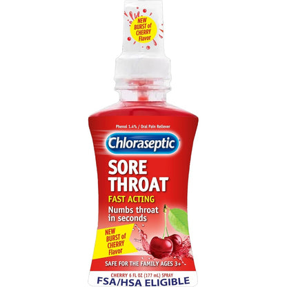 Chloraseptic Sore Throat Spray Cherry Flavor 6 Fluid Ounces front view packaging for fast pain relief