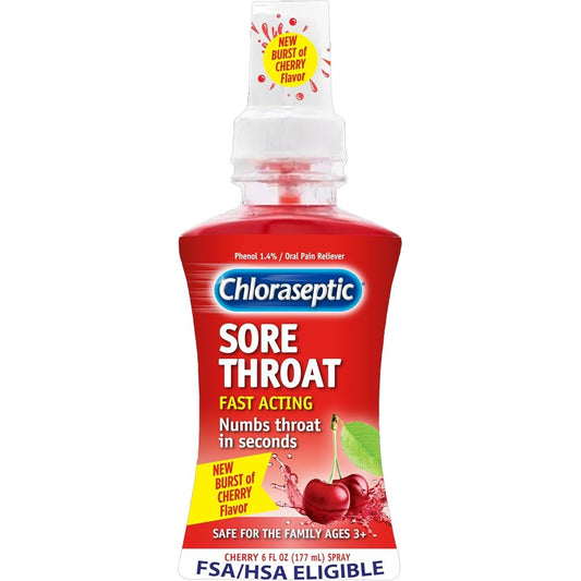 Chloraseptic Sore Throat Spray Cherry Flavor 6 Fluid Ounces front view packaging for fast pain relief