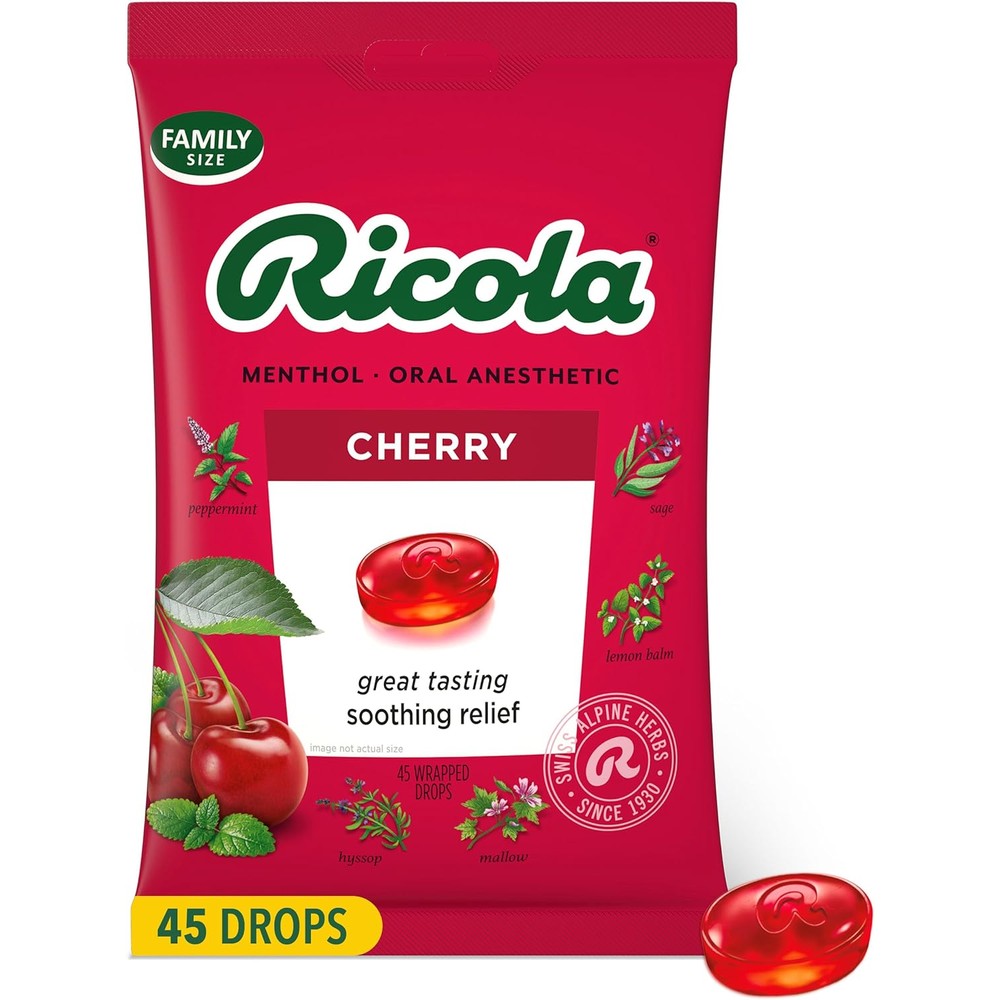 Ricola Cherry Throat Drops 45 Count front packaging view