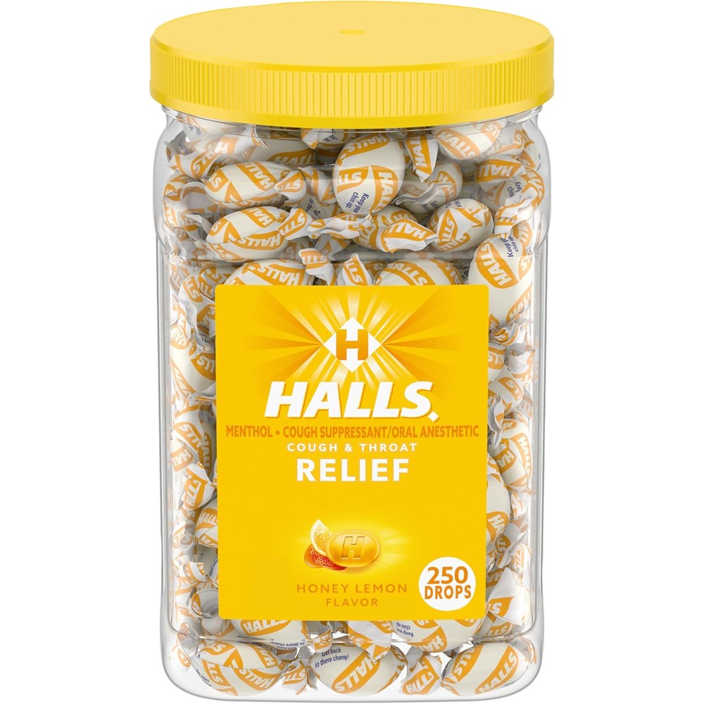 HALLS Relief Honey Lemon Cough Drops bulk jar front view for sore throat relief