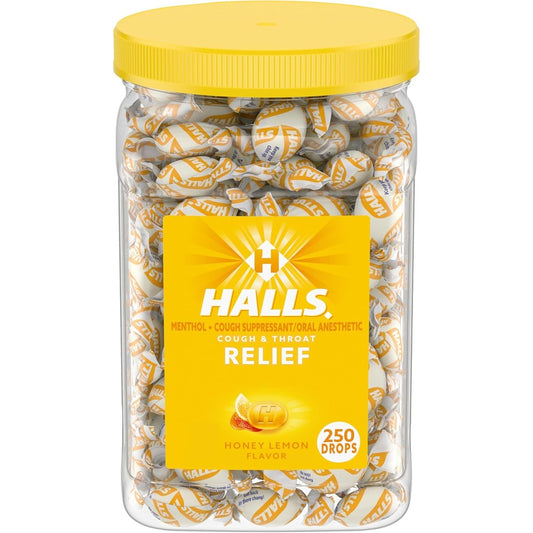 HALLS Relief Honey Lemon Cough Drops bulk jar front view for sore throat relief
