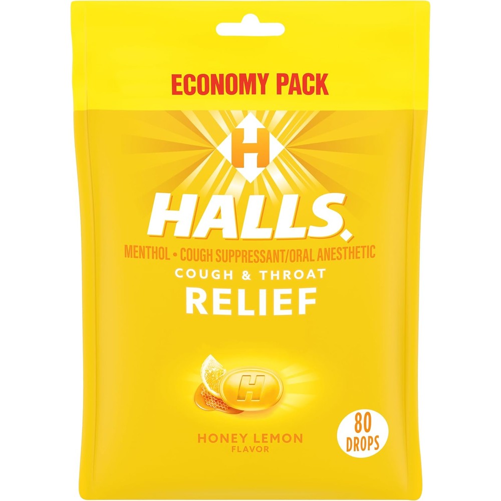 HALLS Relief Honey Lemon Cough Drops economy pack front view showcasing authentic packaging.
