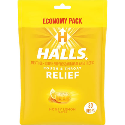 HALLS Relief Honey Lemon Cough Drops economy pack front view showcasing authentic packaging.