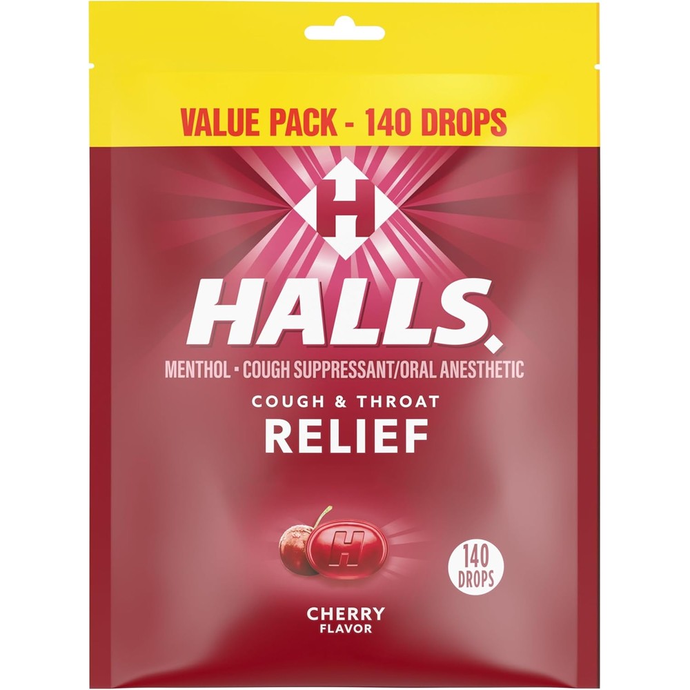 Halls Relief Cherry Cough Drops 140 count front view