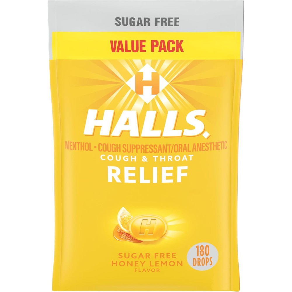 HALLS Relief Honey Lemon Sugar Free Cough Drops front packaging value pack