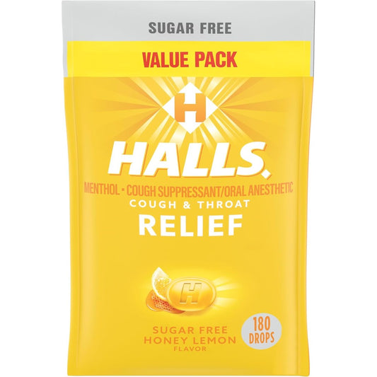 HALLS Relief Honey Lemon Sugar Free Cough Drops front packaging value pack