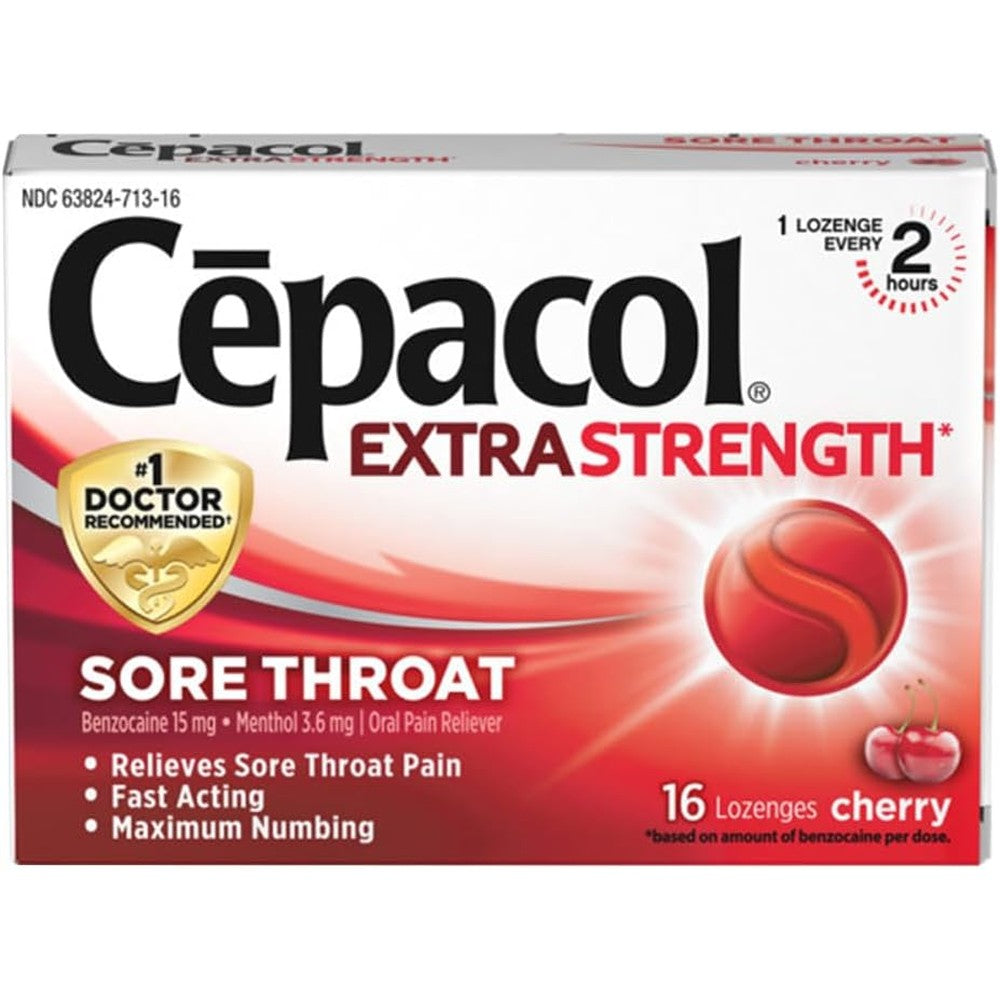 Cepacol Maximum Strength Throat Drop Lozenges Cherry 16 Count front packaging displaying fast acting numbing relief