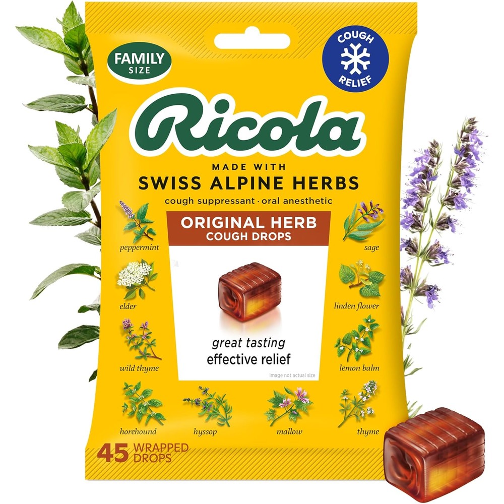 Ricola Original Herb Cough Drops 45 count packaging front view showing yellow bag
