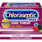 Chloraseptic Max Strength Sore Throat Lozenges front package view showcasing wild berries flavor