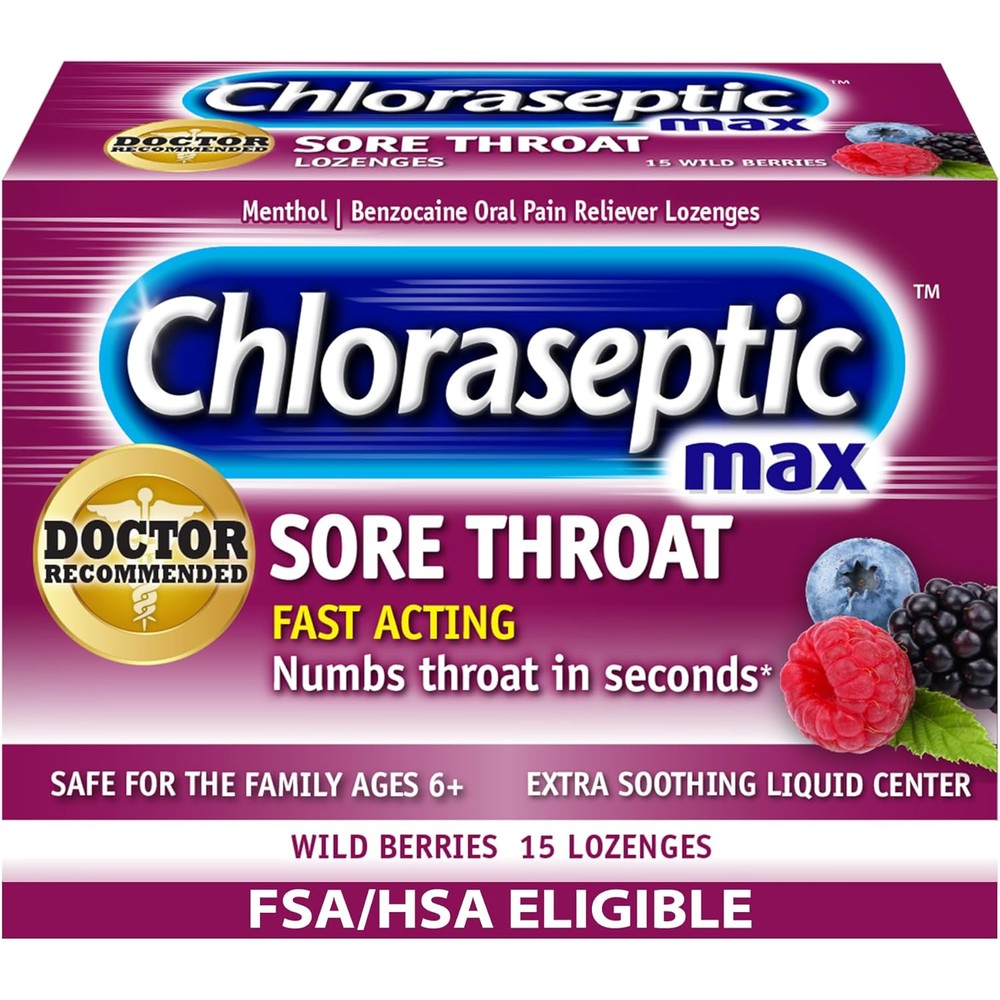 Chloraseptic Max Strength Sore Throat Lozenges front package view showcasing wild berries flavor