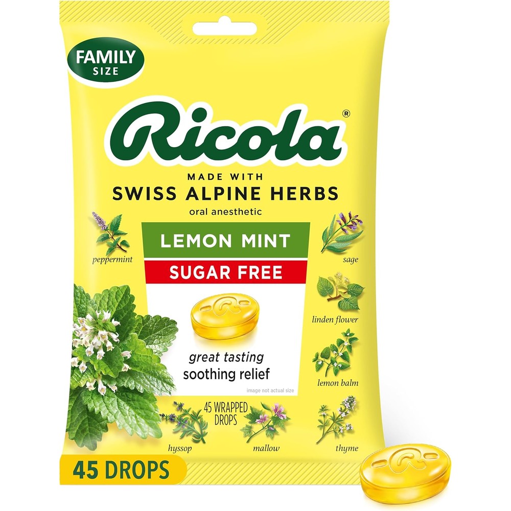 Ricola Sugar Free Lemon Mint Throat Drops 45 Count front view pack containing Swiss herbal lozenges for scratchy throat relief