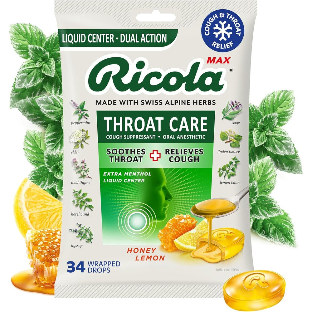 Ricola MAX Throat Care Honey Lemon Drops 34 Count packaging front view showing liquid center herbal lozenges for cough relief