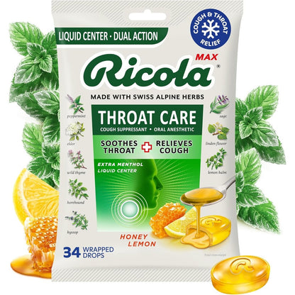 Ricola MAX Throat Care Honey Lemon Drops 34 Count packaging front view showing liquid center herbal lozenges for cough relief