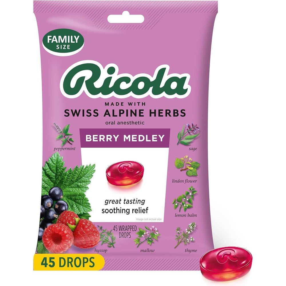 Ricola Berry Medley Throat Drops 45 Count front view packaging