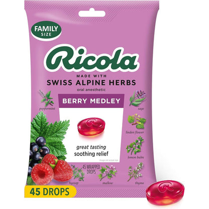 Ricola Berry Medley Throat Drops 45 Count front view packaging