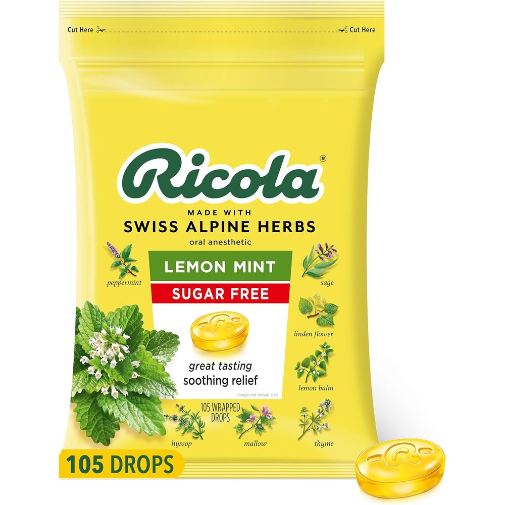 Ricola Sugar Free Lemon Mint Herbal Cough Suppressant Throat Drops front view packaging