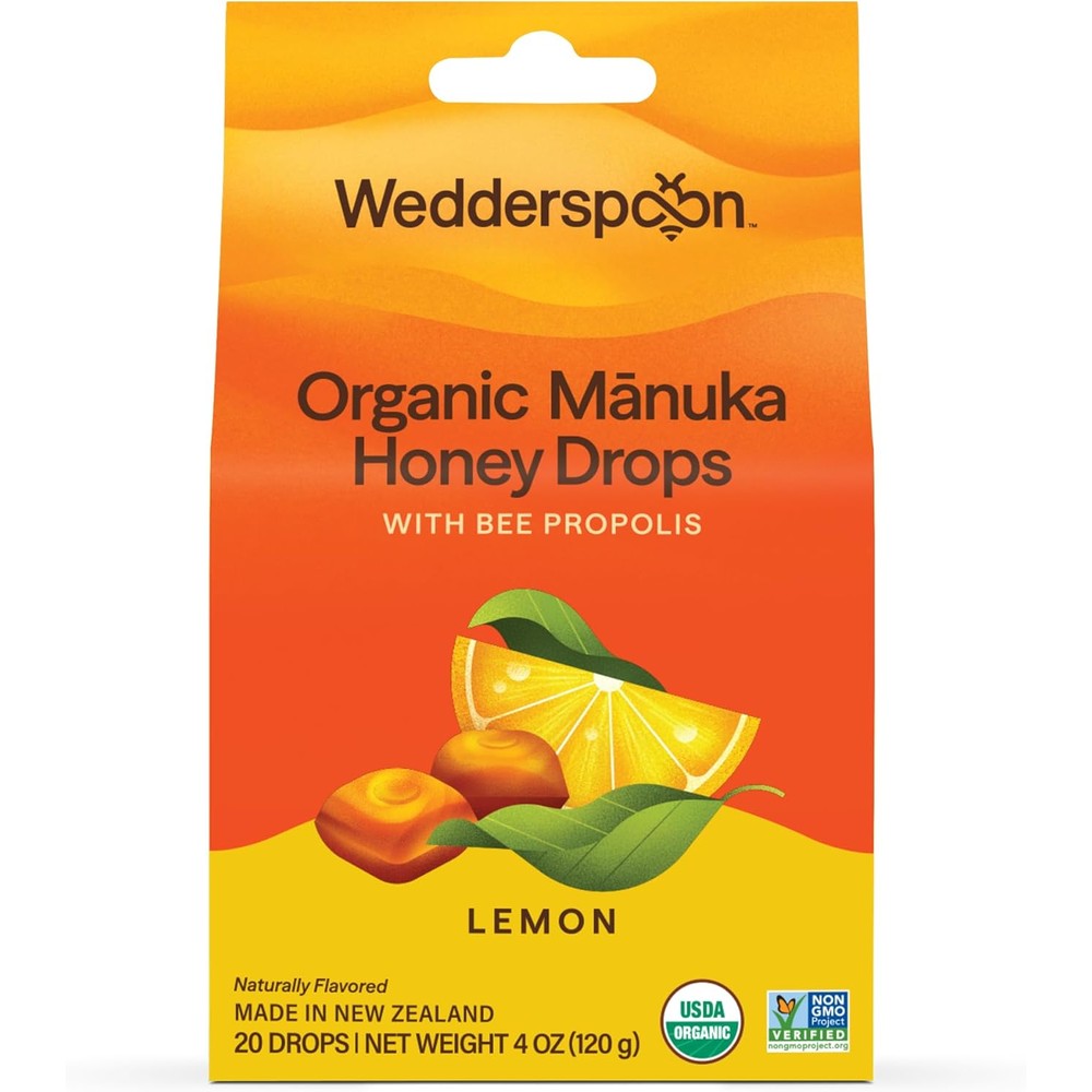 Wedderspoon Organic Manuka Honey Drops Lemon front view packaging for throat relief