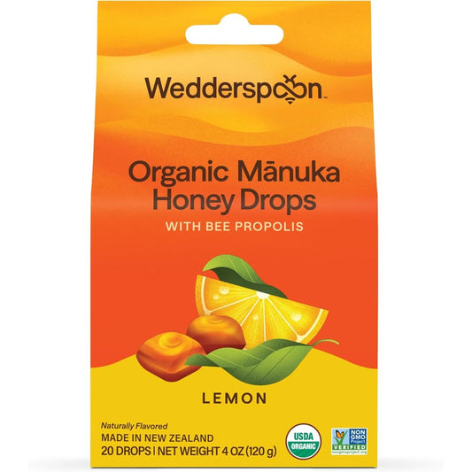 Wedderspoon Organic Manuka Honey Drops Lemon front view packaging for throat relief