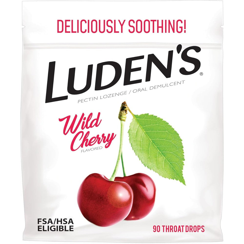 Luden's sore throat relief lozenges wild cherry 90 count front view packaging