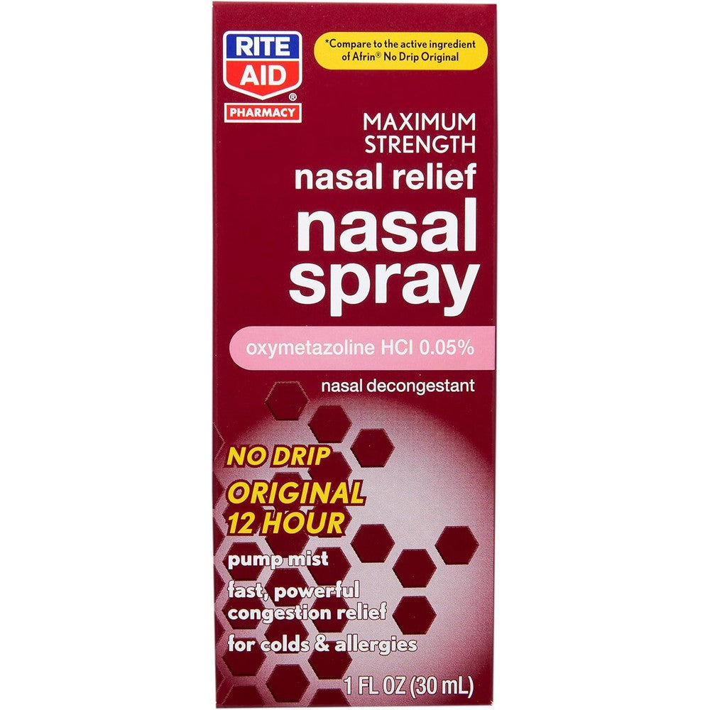 Rite Aid Maximum Strength Nasal Spray front view showing twelve hour severe congestion relief formula packaging.