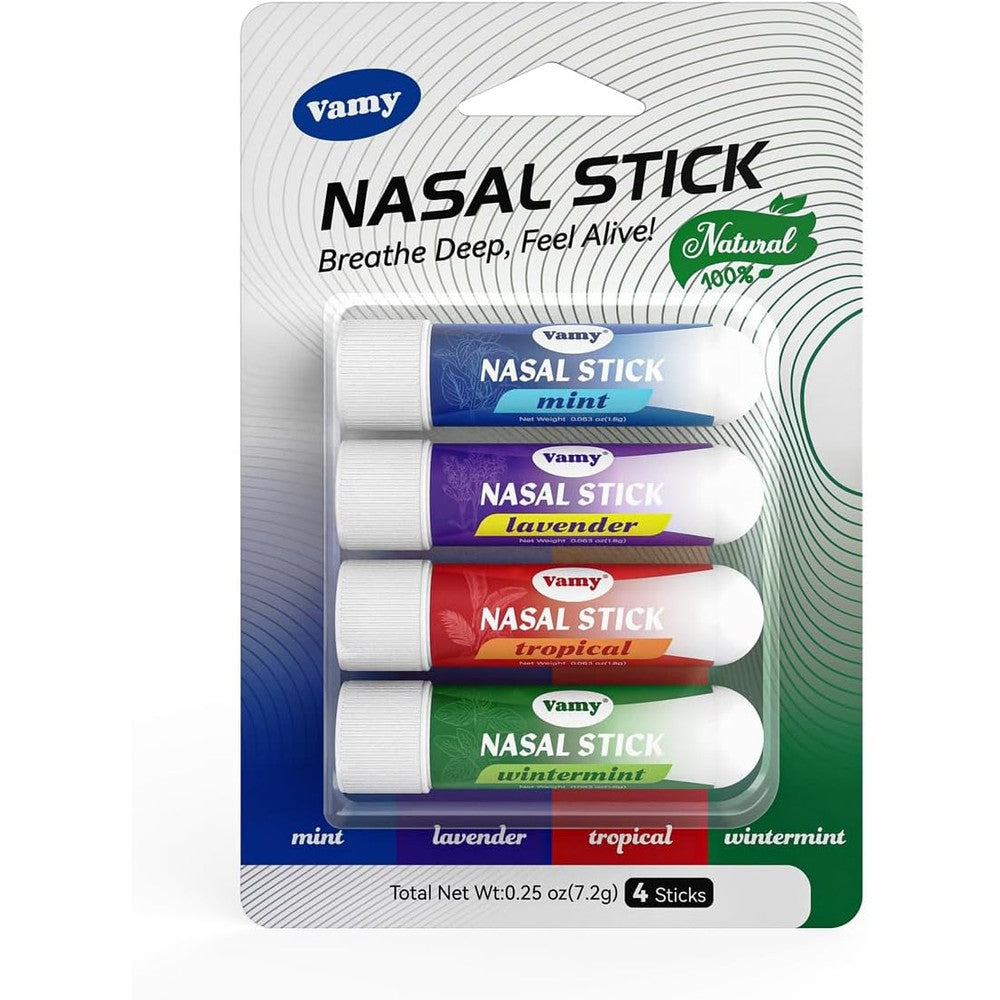 Vamy Nasal Stick Four Pack front view packaging showcasing the four different aromatherapy flavors for energy and focus.