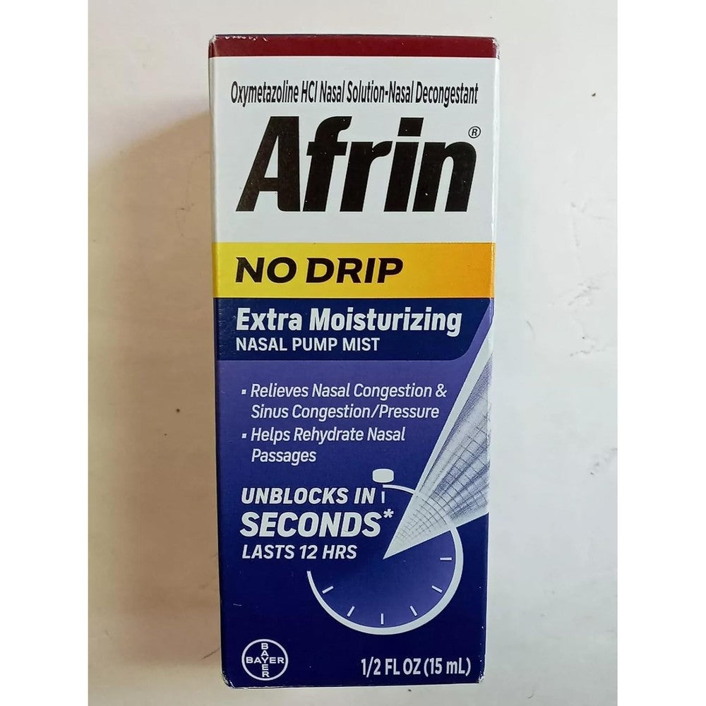 Afrin No Drip Extra Moisturizing 12 Hour Nasal Pump Mist front view for fast sinus relief.