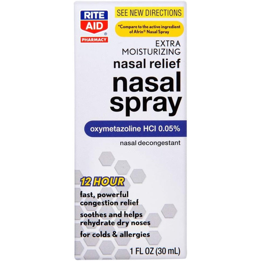 Rite Aid Extra Moisturizing Nasal Spray front view package showing oxymetazoline formula for cold and allergy relief