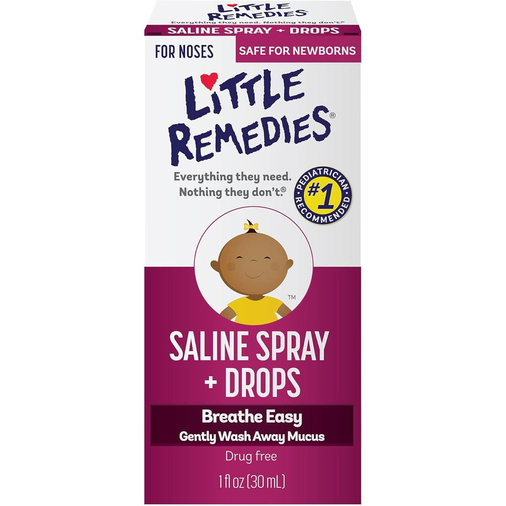 Little Remedies Little Noses Saline Spray and Drops front packaging view for infant nasal congestion relief.