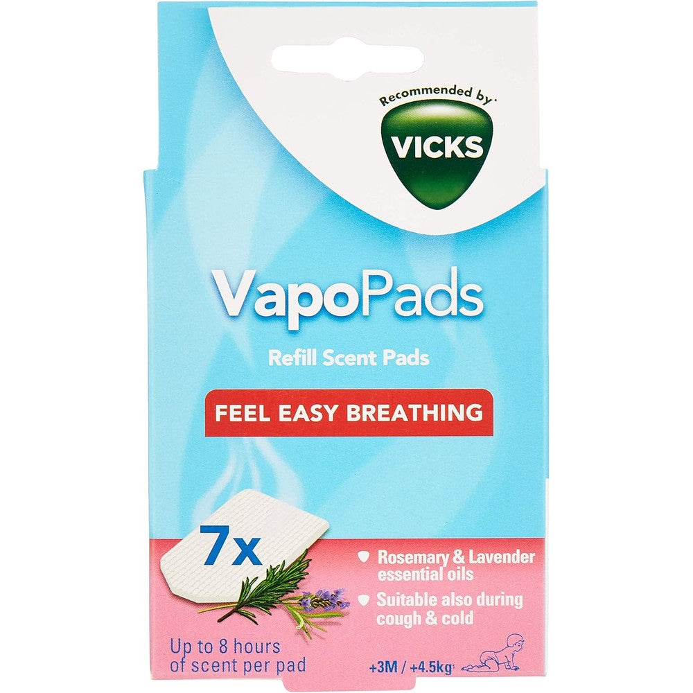 Vicks VapoPads Rosemary and Lavender seven count package front view showing authentic USA import packaging.