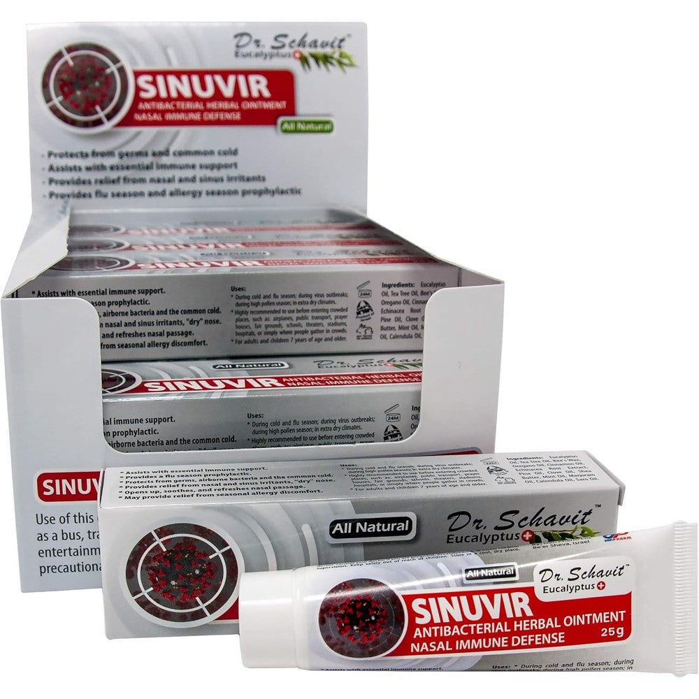 Dr. Schavit Eucalyptus Plus Sinuvir herbal nasal ointment box of twelve tubes front view for natural sinus relief.