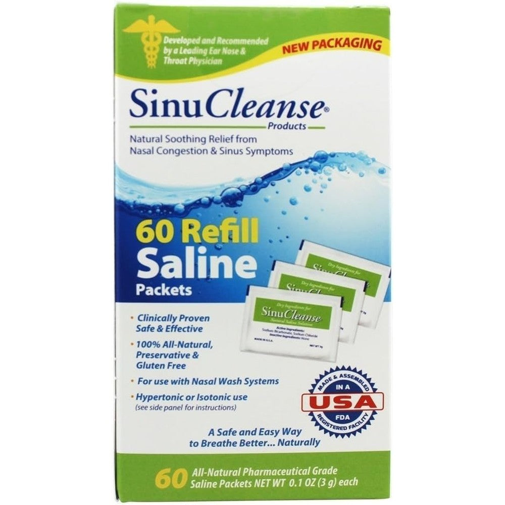 SinuCleanse Nasal Saline Refill Packets 60 Count front view box for sinus congestion relief