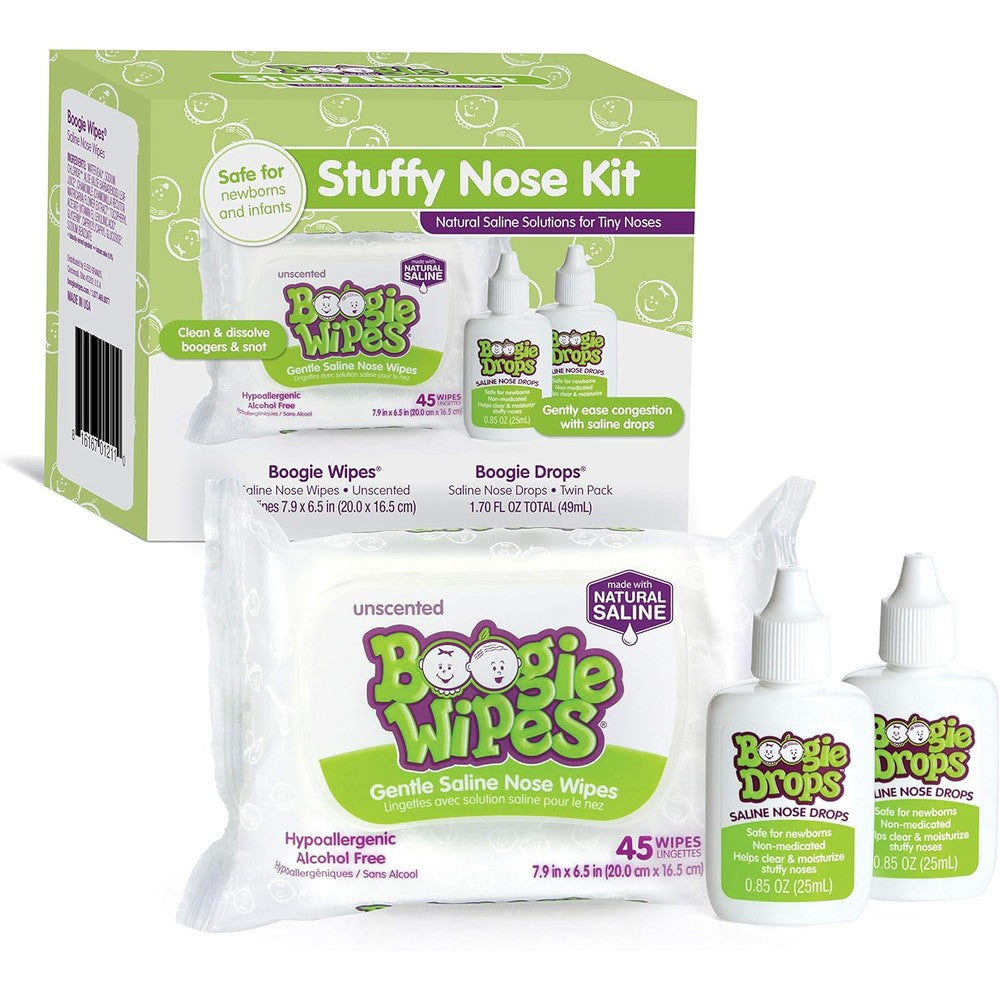 Boogie Stuffy Nose Relief Kit front packaging showing unscented wipes pack and two saline drops bottles.