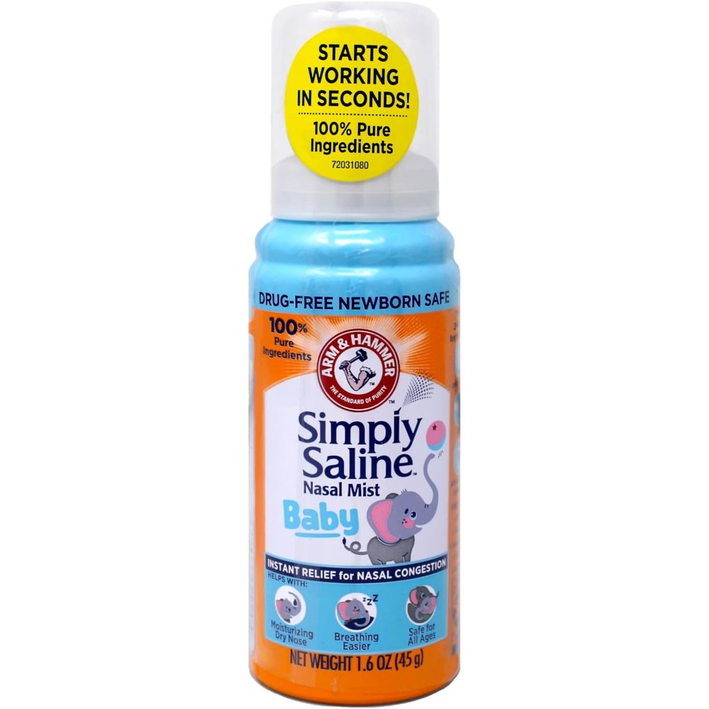 Arm & Hammer Simply Saline Nasal Mist Baby front view bottle packaging for infant congestion relief.