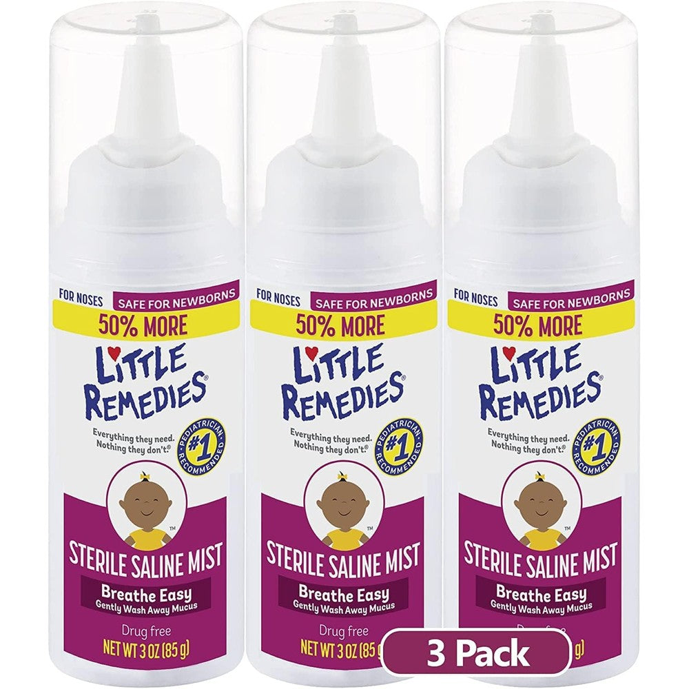 Little Remedies Sterile Saline Nasal Mist front view pack of three for baby congestion relief