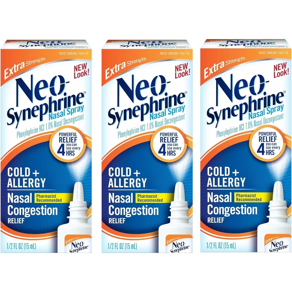 Neo-Synephrine Extra Strength Nasal Spray front view of the packaging for fast nasal allergy relief.